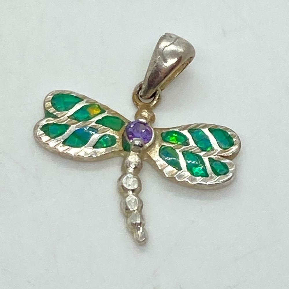 Vtg Sterling Silver Green Opal & Purple CZ  Dragonfly Pendant | 1” x .9”